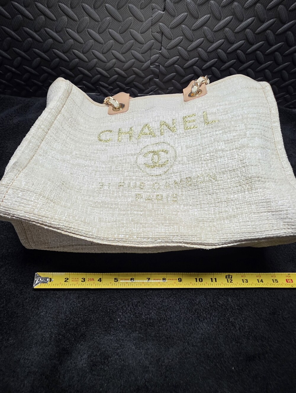 CHANEL Medium Deauville Tote Beige Raffia Glitter Gold Hardware - Picture 13 of 15